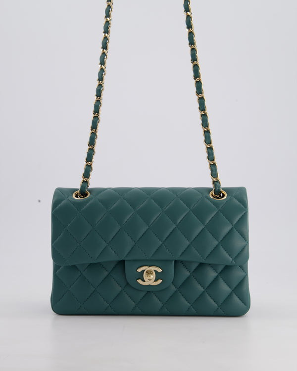 Chanel Green Small Classic Double Flap Bag in Lambskin Leather with Champagne Gold Hardware
