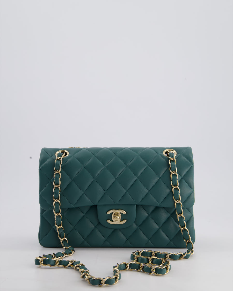 Chanel Green Small Classic Double Flap Bag in Lambskin Leather with Champagne Gold Hardware