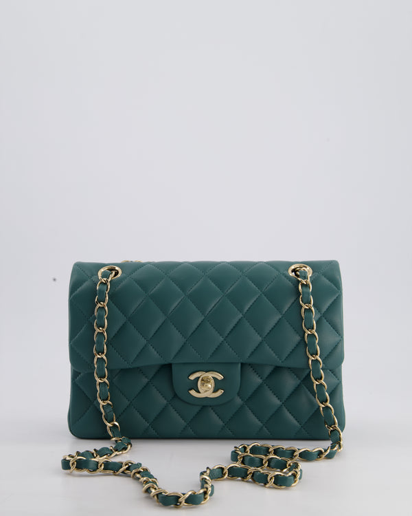 Chanel Green Small Classic Double Flap Bag in Lambskin Leather with Champagne Gold Hardware