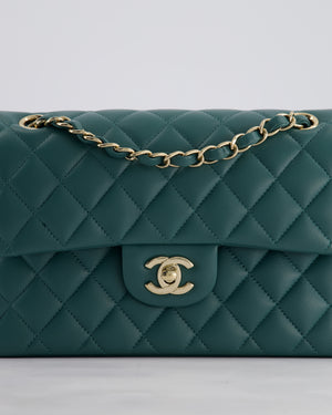 Chanel Green Small Classic Double Flap Bag in Lambskin Leather with Champagne Gold Hardware