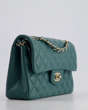 Chanel Green Small Classic Double Flap Bag in Lambskin Leather with Champagne Gold Hardware