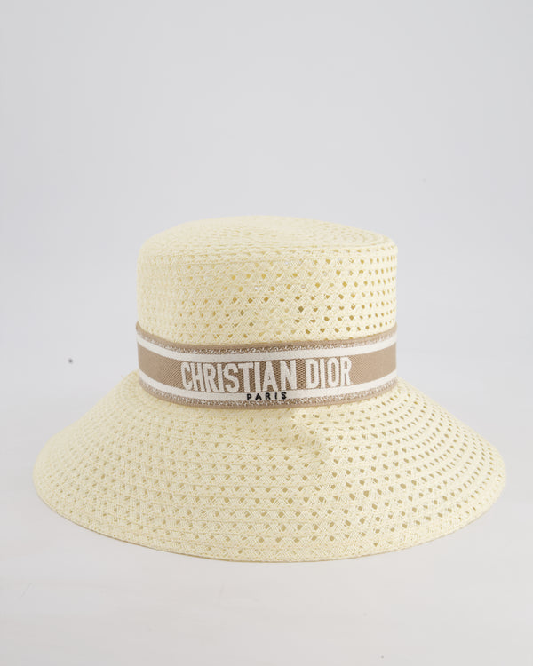 Christian Dior Dioriviera D-Bobby Large Brim Straw Bucket Hat with Beige and White Embroided Band