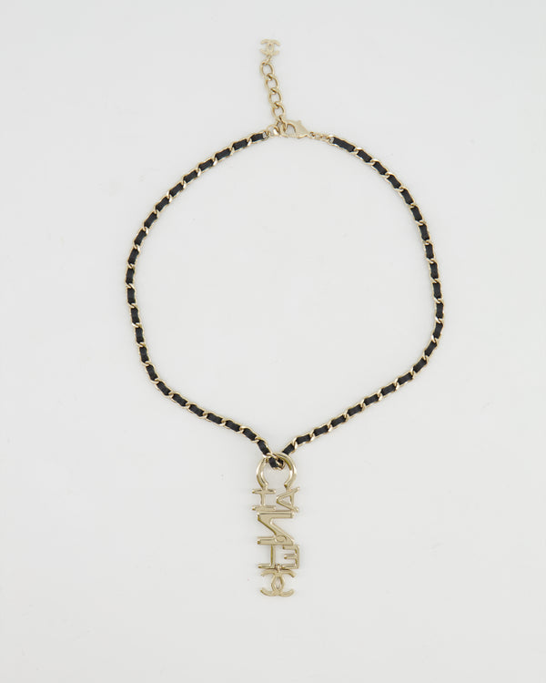 Chanel 22K Black Chain and Champagne Gold Necklace with Logo Pendant