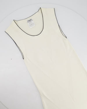 Chanel 08P Cream Sleeveless Knitted Short Dress with Silver CC Logo Button and Navy Hem Details Size FR 36 (UK 8)