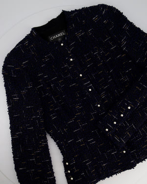 Chanel 04/P Navy Collarless Tweed Jacket with Pearl Button Detail Size FR 38 (UK 10)