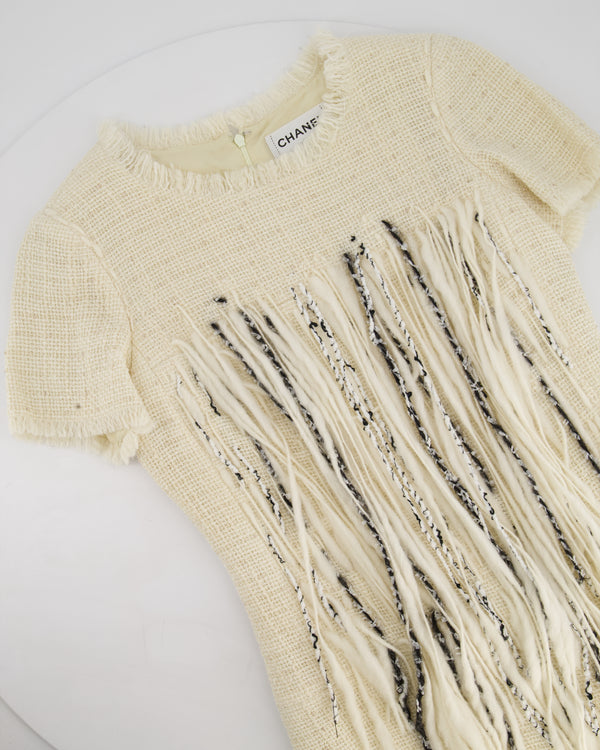 Chanel 10/P Beige Tweed Short-Sleeve Mini Dress with Fringe Applique and Small Beads Size FR 38 (UK 10)