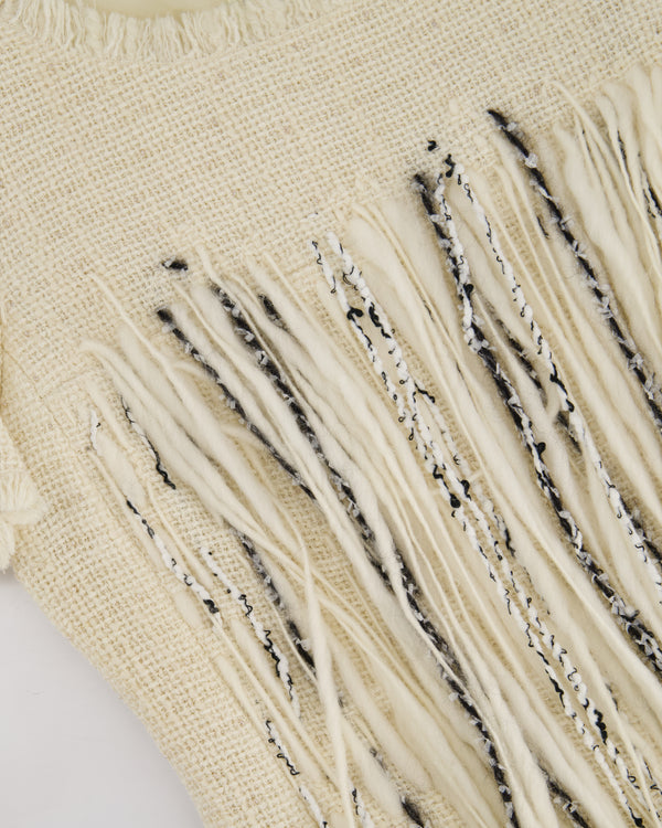 Chanel 10/P Beige Tweed Short-Sleeve Mini Dress with Fringe Applique and Small Beads Size FR 38 (UK 10)