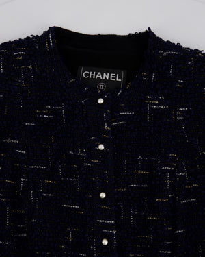Chanel 04/P Navy Collarless Tweed Jacket with Pearl Button Detail Size FR 38 (UK 10)