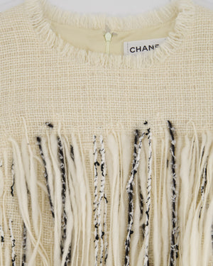 Chanel 10/P Beige Tweed Short-Sleeve Mini Dress with Fringe Applique and Small Beads Size FR 38 (UK 10)