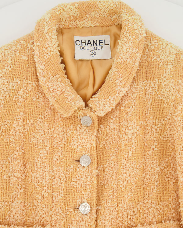 Chanel 96/P Peach Tweed Jacket with Silver CC Medallion Logo Buttons Size FR 36 (UK 8)