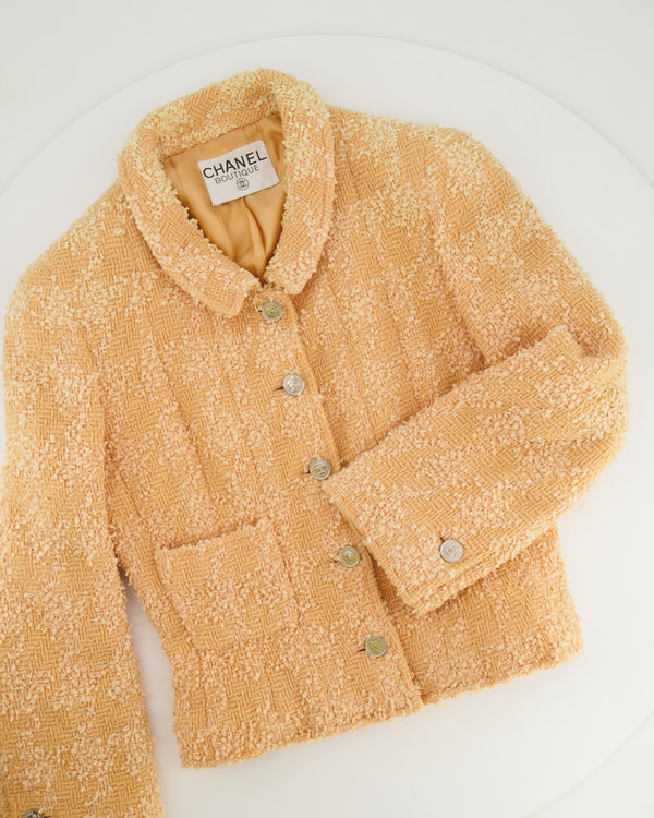 Chanel 96/P Peach Tweed Jacket with Silver CC Medallion Logo Buttons Size FR 36 (UK 8)