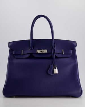 *LIMITED EDITION* Hermès Birkin 35cm Sea, Surf and Fun Bag in Bleu Saphir Novillo Leather with Palladium Hardware and Printed Canvas Interior