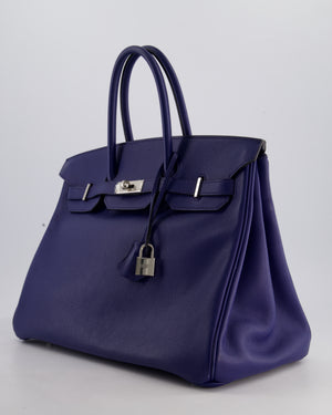 *LIMITED EDITION* Hermès Birkin 35cm Sea, Surf and Fun Bag in Bleu Saphir Novillo Leather with Palladium Hardware and Printed Canvas Interior