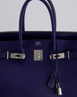 *LIMITED EDITION* Hermès Birkin 35cm Sea, Surf and Fun Bag in Bleu Saphir Novillo Leather with Palladium Hardware and Printed Canvas Interior