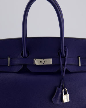 *LIMITED EDITION* Hermès Birkin 35cm Sea, Surf and Fun Bag in Bleu Saphir Novillo Leather with Palladium Hardware and Printed Canvas Interior