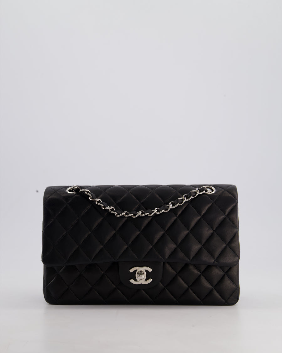 Chanel Black Medium Classic Double Flap Bag in Lambskin Leather with Silver Hardware