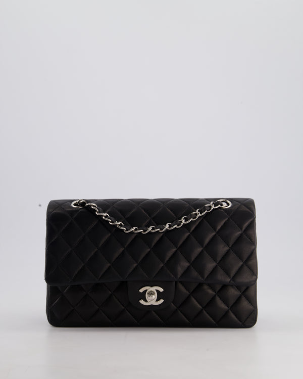 Chanel Black Medium Classic Double Flap Bag in Lambskin Leather with Silver Hardware