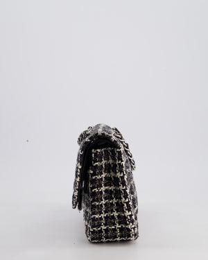 Chanel Medium Classic Double Flap Bag in Black and White Tweed with Silver Hardware