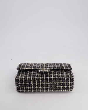 Chanel Medium Classic Double Flap Bag in Black and White Tweed with Silver Hardware