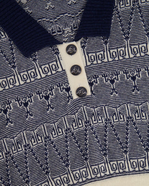 Chanel Navy Blue and White Cashmere Top and Trousers Set with CC Logo Buttons Size FR 36/38 (UK 8/10)