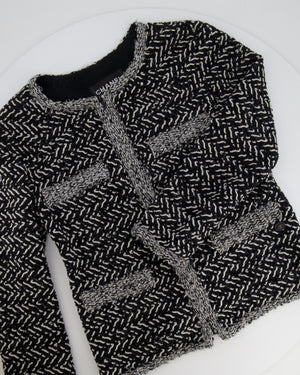 Chanel Black, White, and Silver Metallic Tweed Jacket with CC Logo Detail Size FR 36 (UK 8)