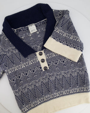 Chanel Navy Blue and White Cashmere Top and Trousers Set with CC Logo Buttons Size FR 36/38 (UK 8/10)