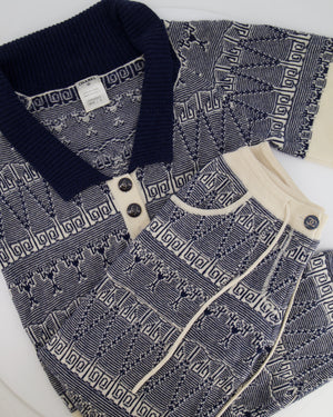 Chanel Navy Blue and White Cashmere Top and Trousers Set with CC Logo Buttons Size FR 36/38 (UK 8/10)