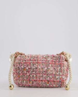 Chanel Pink Tweed Mini Rectangular Bag with Pearl Rope Handle and Champagne Gold Hardware