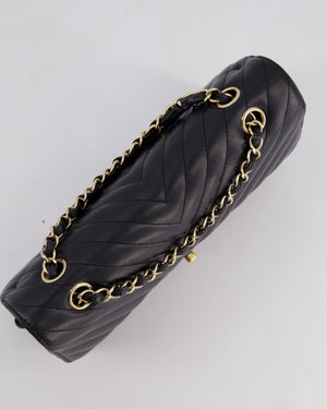 Chanel Black Chevron Medium Classic Double Flap Bag in Lambskin Leather with Gold Hardware