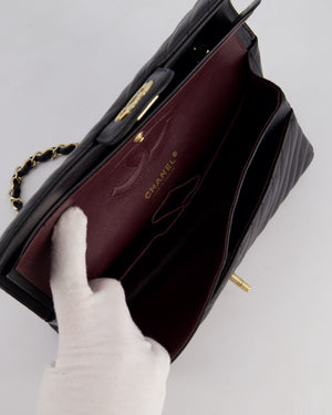 Chanel Black Chevron Medium Classic Double Flap Bag in Lambskin Leather with Gold Hardware