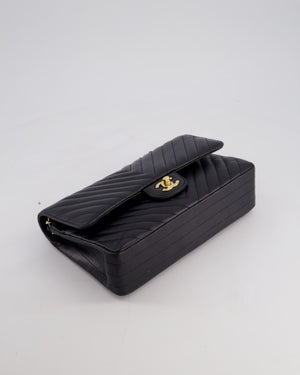 Chanel Black Chevron Medium Classic Double Flap Bag in Lambskin Leather with Gold Hardware