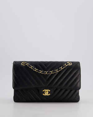 Chanel Black Chevron Medium Classic Double Flap Bag in Lambskin Leather with Gold Hardware