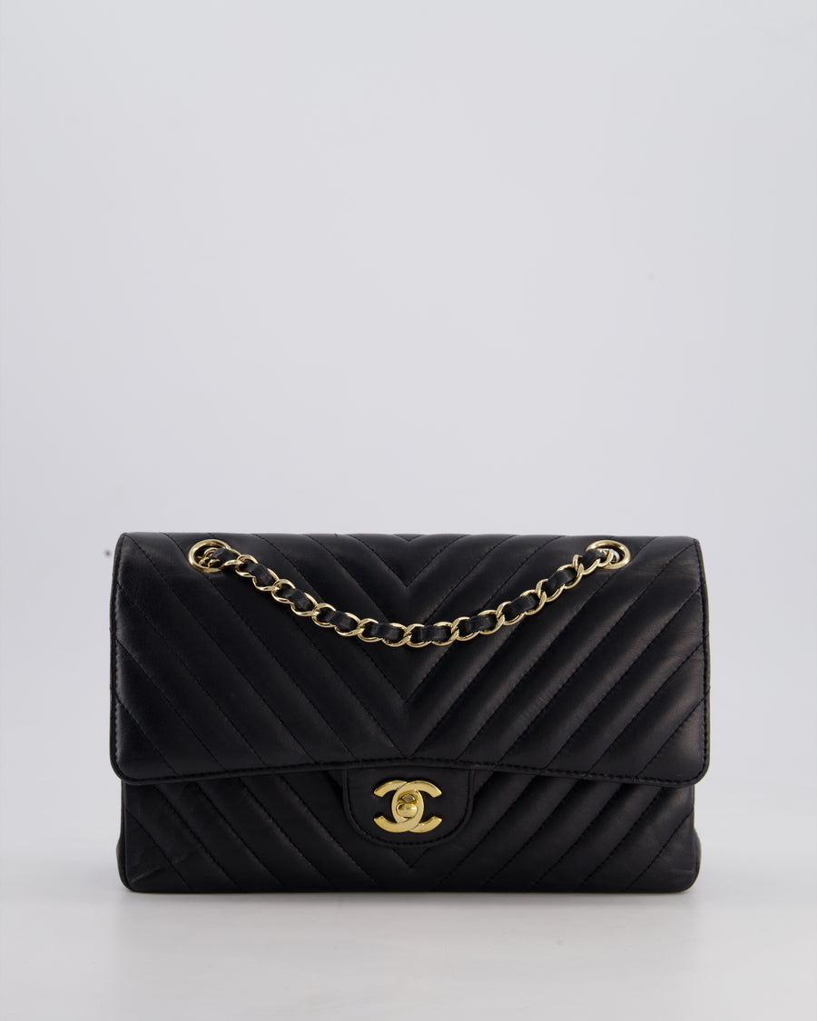 Chanel Black Chevron Medium Classic Double Flap Bag in Lambskin Leather with Gold Hardware