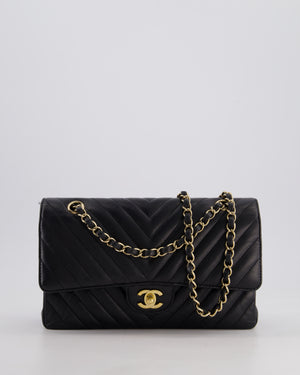 Chanel Black Chevron Medium Classic Double Flap Bag in Lambskin Leather with Gold Hardware