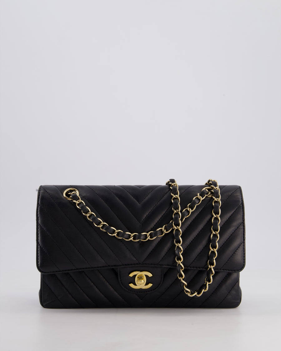 Chanel Black Chevron Medium Classic Double Flap Bag in Lambskin Leather with Gold Hardware