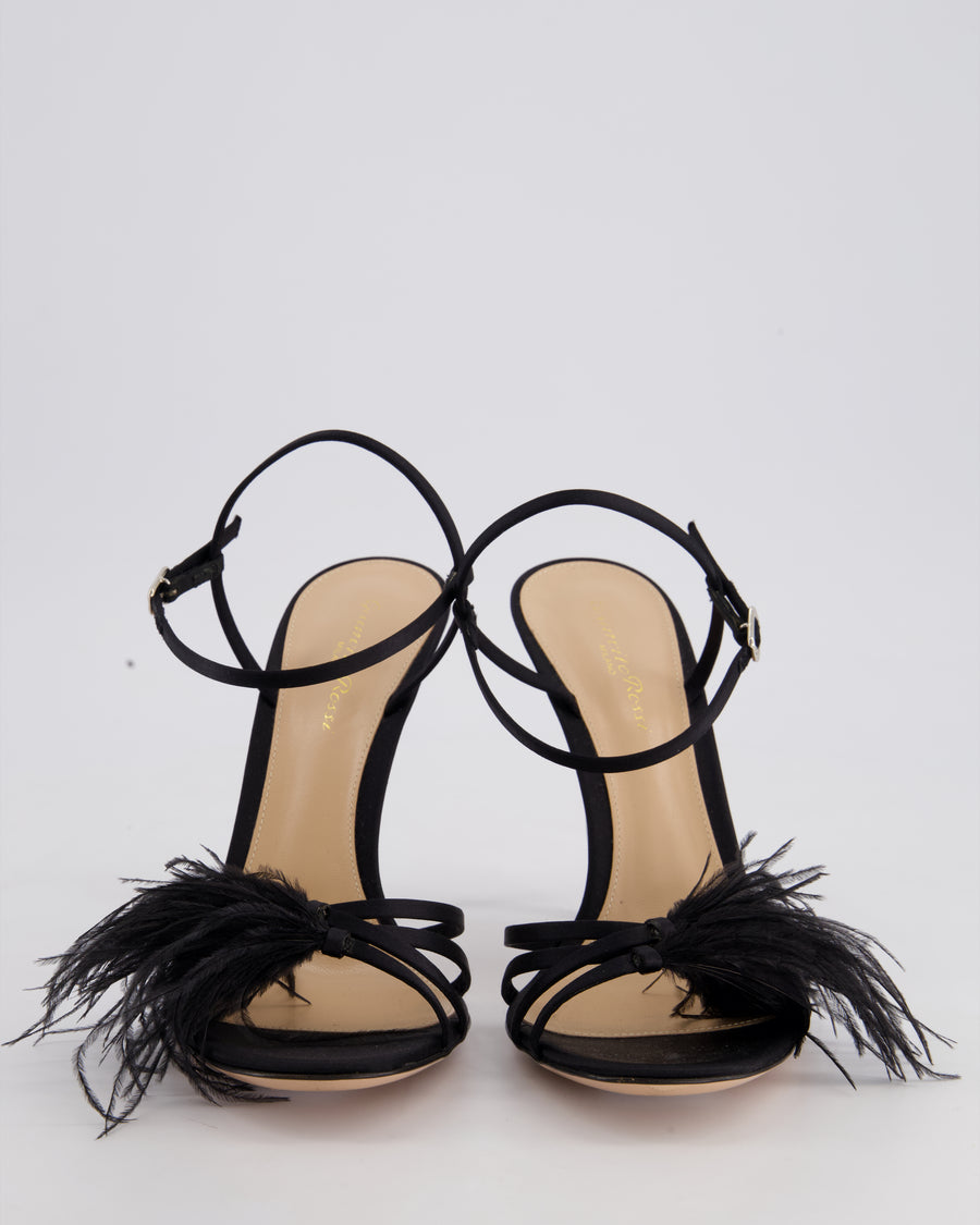 Gianvito Rossi Black Satin Strap Heels with Feather Detail Size EU 40
