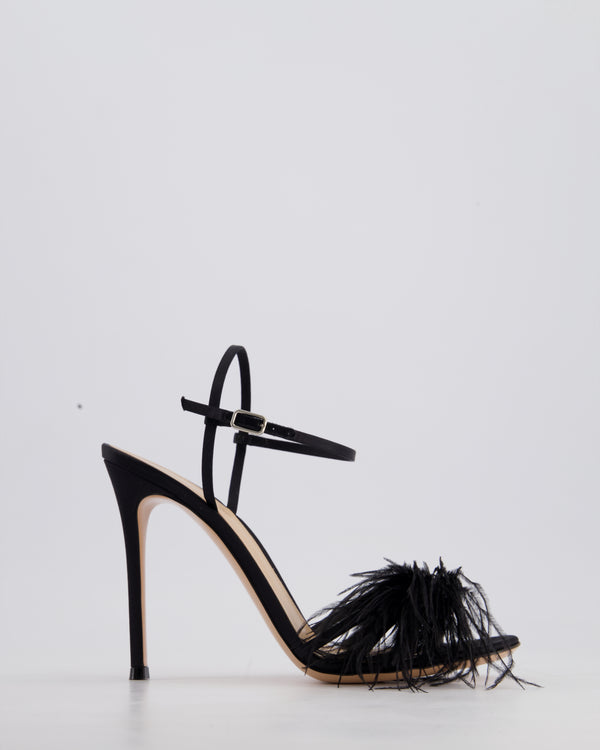 Gianvito Rossi Black Satin Strap Heels with Feather Detail Size EU 40