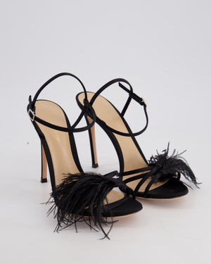 Gianvito Rossi Black Satin Strap Heels with Feather Detail Size EU 40