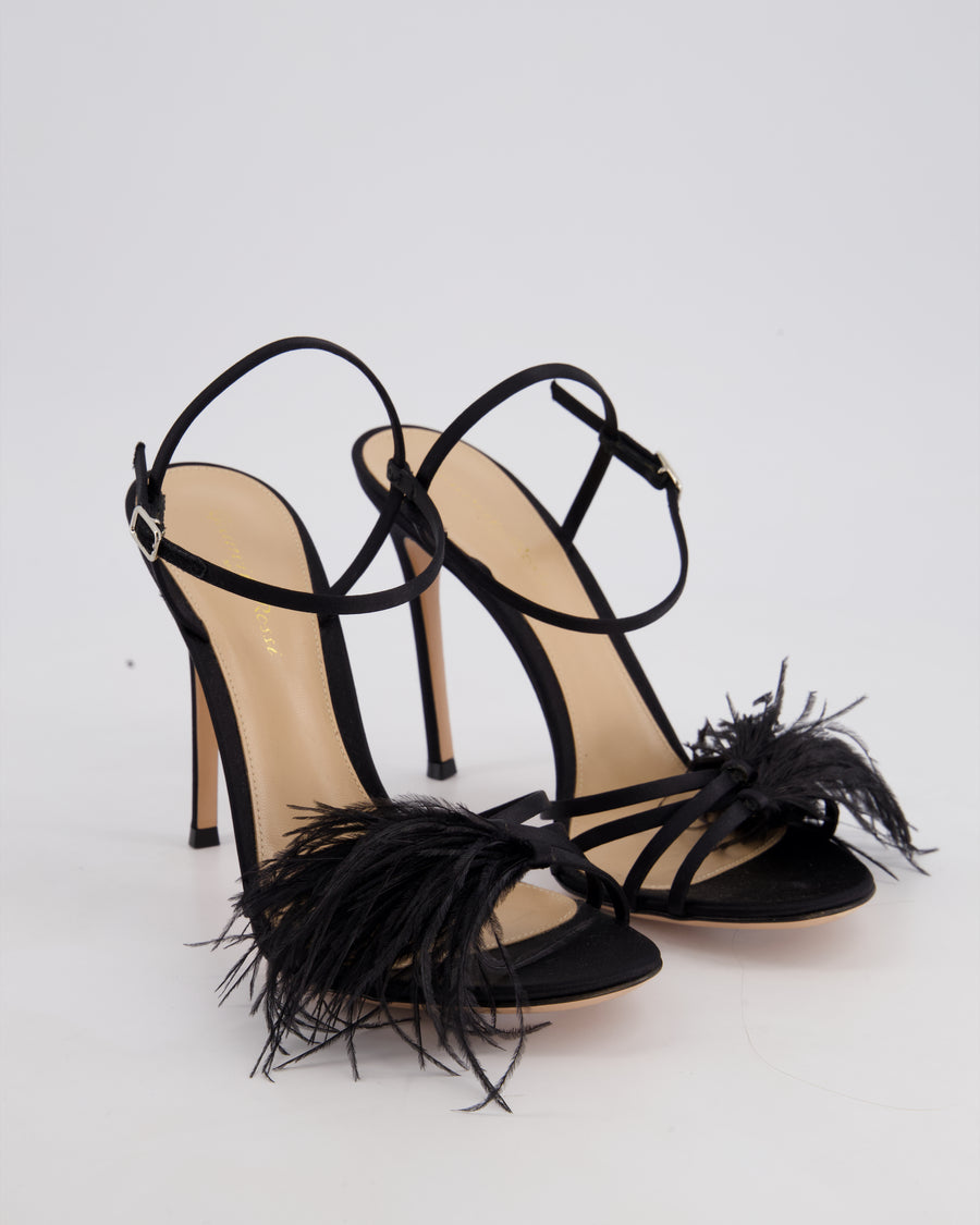 Gianvito Rossi Black Satin Strap Heels with Feather Detail Size EU 40