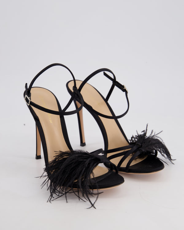Gianvito Rossi Black Satin Strap Heels with Feather Detail Size EU 40