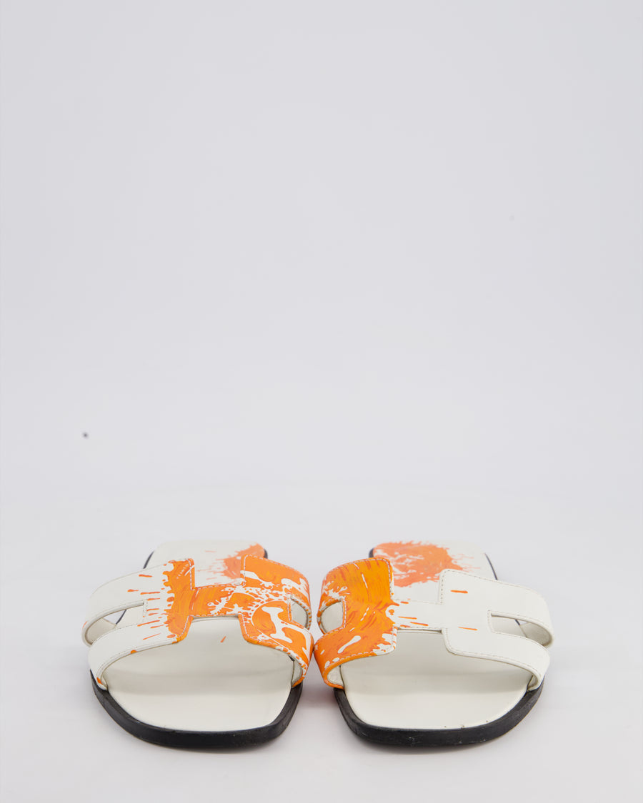 Hermès White Leather "Peinture Fraiche" Print Oran Sandals Size EU 40