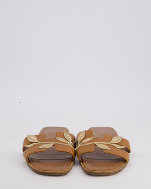 Hermès Gold Leather Oran Sandals with Gold Leaf Detail Size EU 40