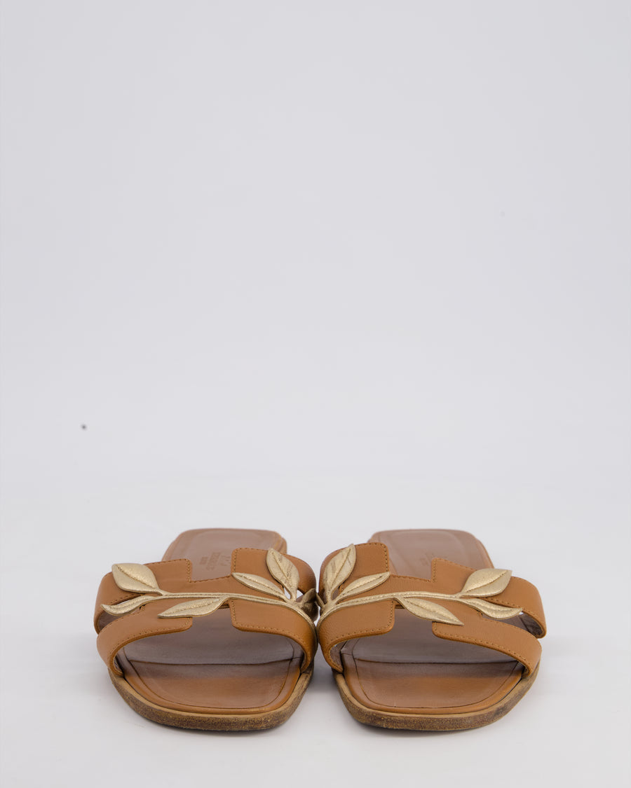Hermès Gold Leather Oran Sandals with Gold Leaf Detail Size EU 40