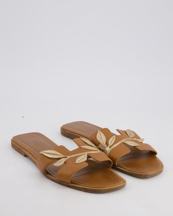 Hermès Gold Leather Oran Sandals with Gold Leaf Detail Size EU 40