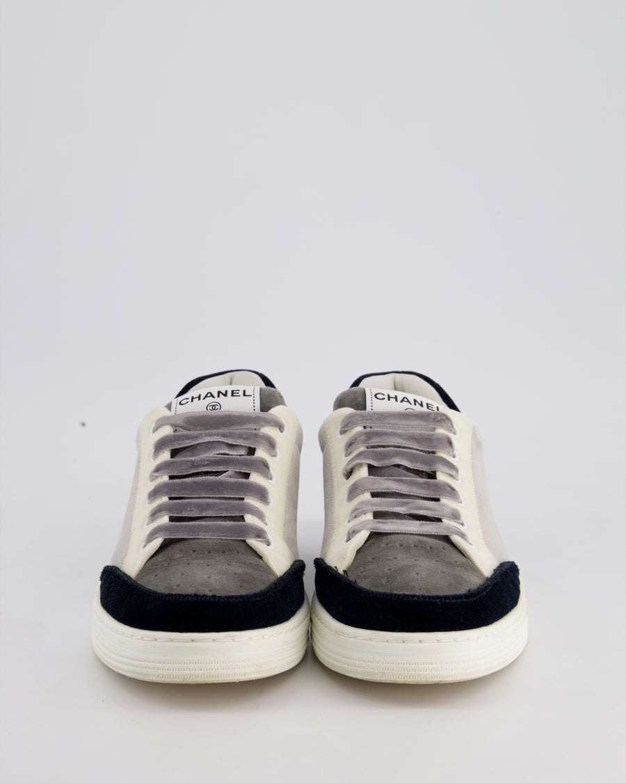 Chanel White, Grey and Black Velvet Trainers with Chanel Logo on the Heel Detail EU 39