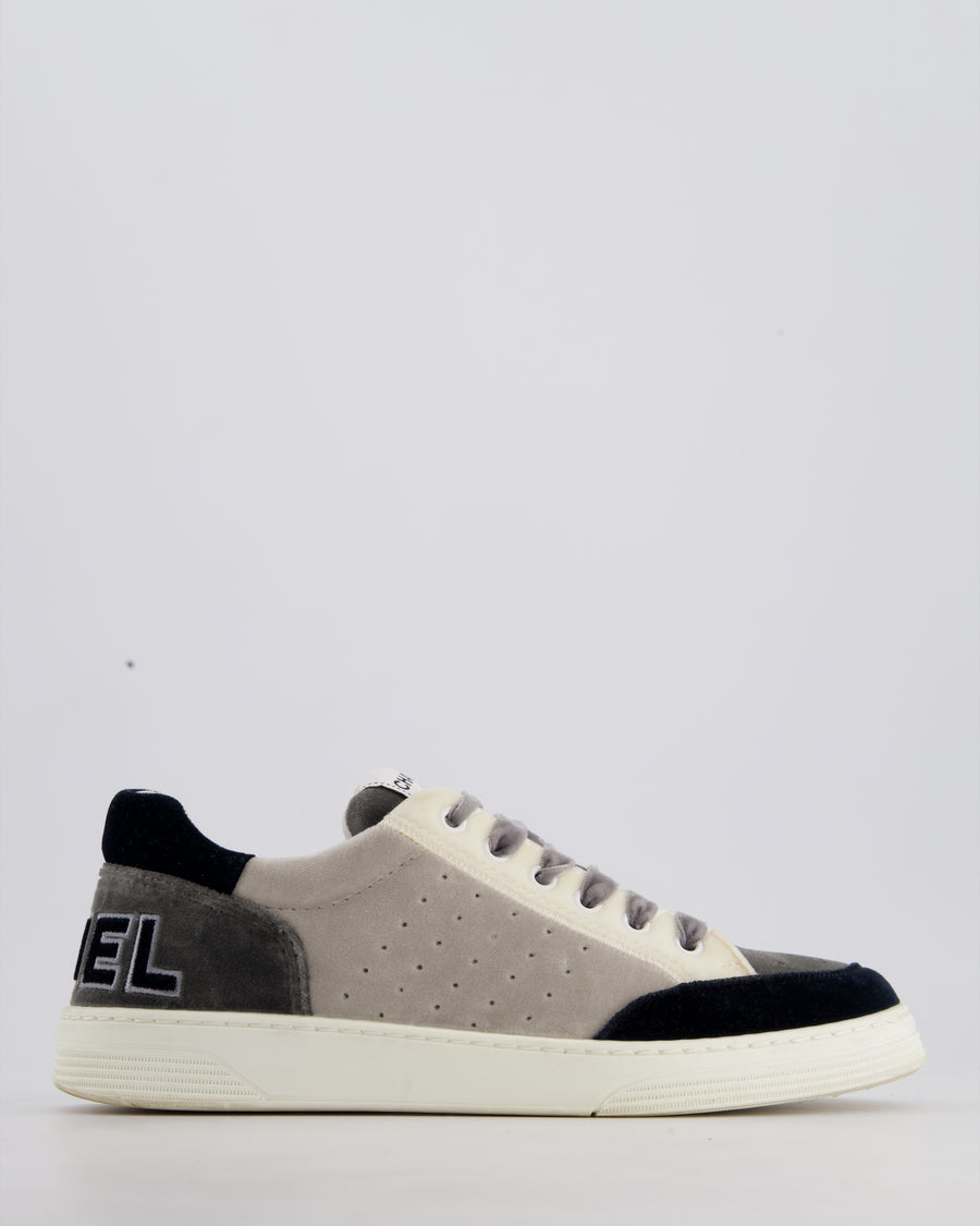 Chanel White, Grey and Black Velvet Trainers with Chanel Logo on the Heel Detail EU 39