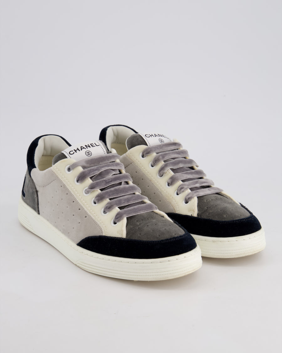Chanel White, Grey and Black Velvet Trainers with Chanel Logo on the Heel Detail EU 39
