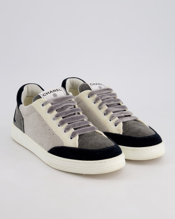 Chanel White, Grey and Black Velvet Trainers with Chanel Logo on the Heel Detail EU 39
