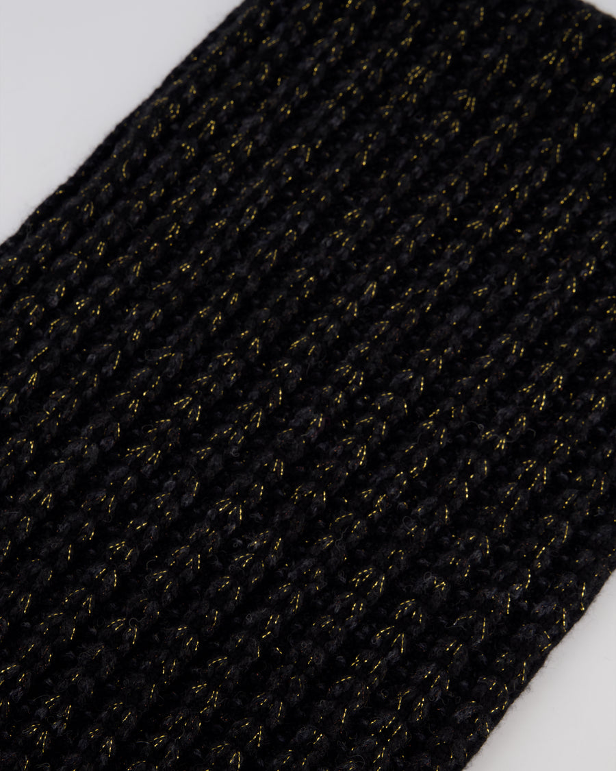 Chanel Black Grey and Gold Metallic Knitted Cashmere Blend Scarf with White CC Logo Button One Size&nbsp;