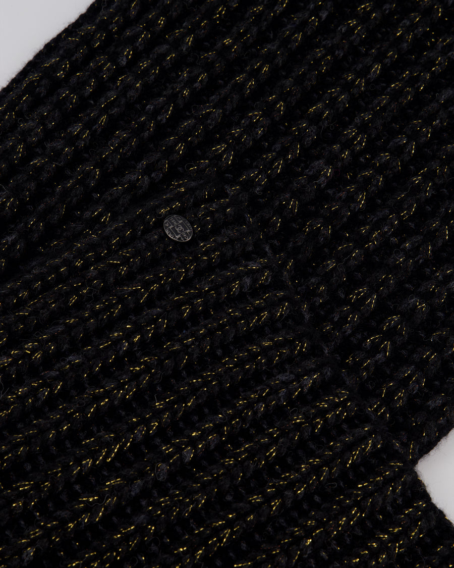 Chanel Black Grey and Gold Metallic Knitted Cashmere Blend Scarf with White CC Logo Button One Size&nbsp;